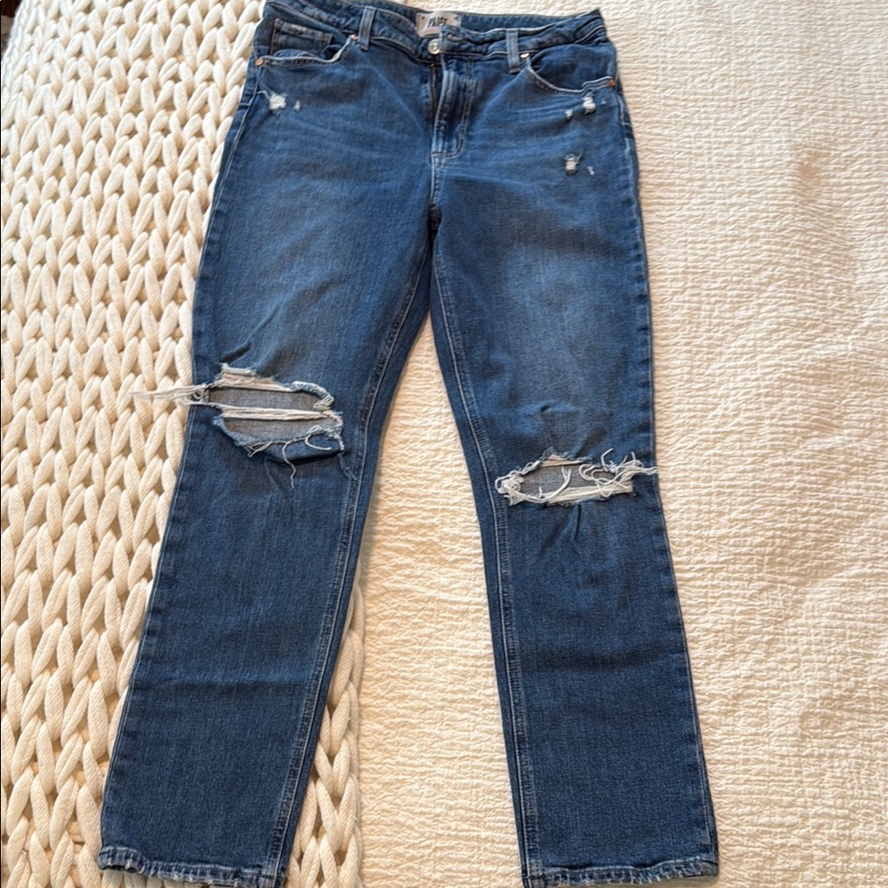 PAIGE Blue Straight Leg Jeans with Distressed Knees
